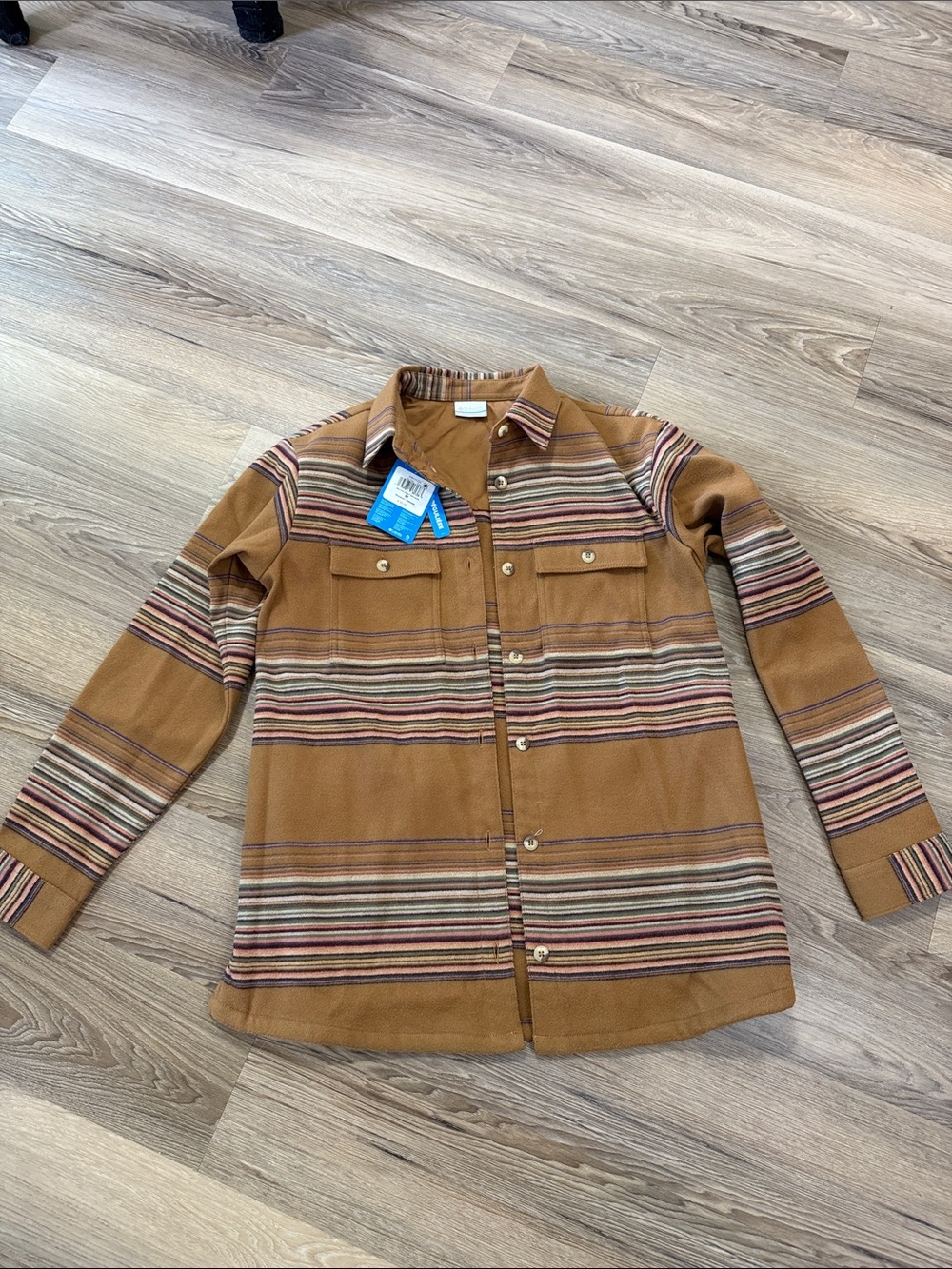 Columbia Striped Button-Up Shacket in Camel and Multicolor Stripes NWT